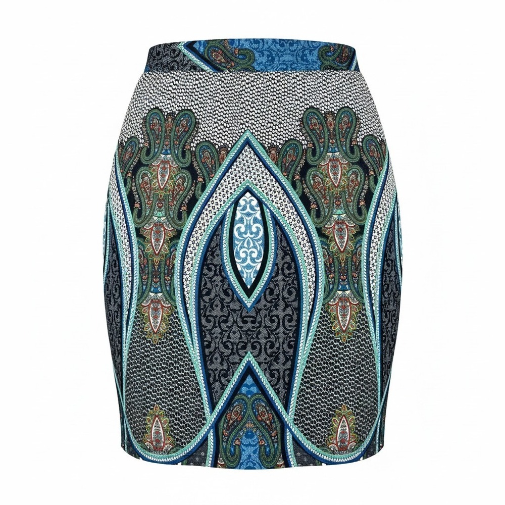 NY Invasion Paisley Print‎ Pencil Skirt Blue Green Geometric Midi XL Style